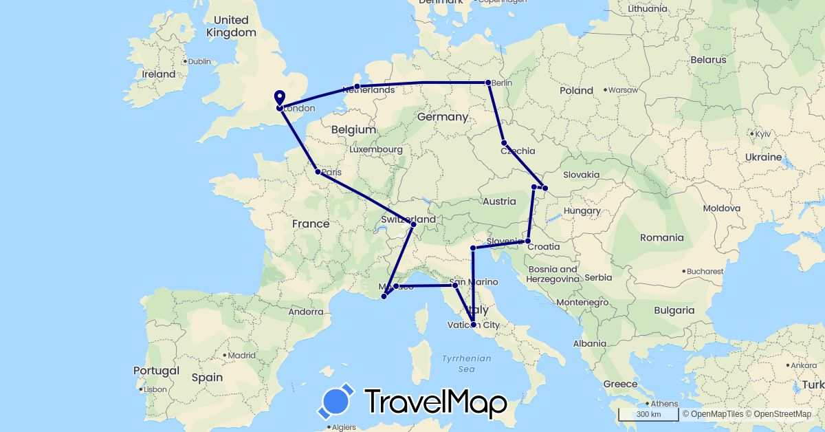 TravelMap itinerary: driving in Austria, Switzerland, Czech Republic, Germany, France, United Kingdom, Croatia, Italy, Monaco, Netherlands, Slovakia, Vatican City (Europe)